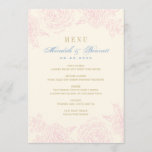 Elegant Pink Floral Rose Border Wedding Menu<br><div class="desc">Elegant vintage inspired wedding menu cards feature a pink floral rose pattern with dusty blue and gold coloured custom text and light ivory background colour.</div>