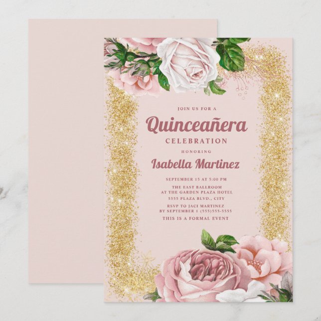 Elegant Pink Floral Roses Gold Glitter Quinceañera Invitation (Front/Back)
