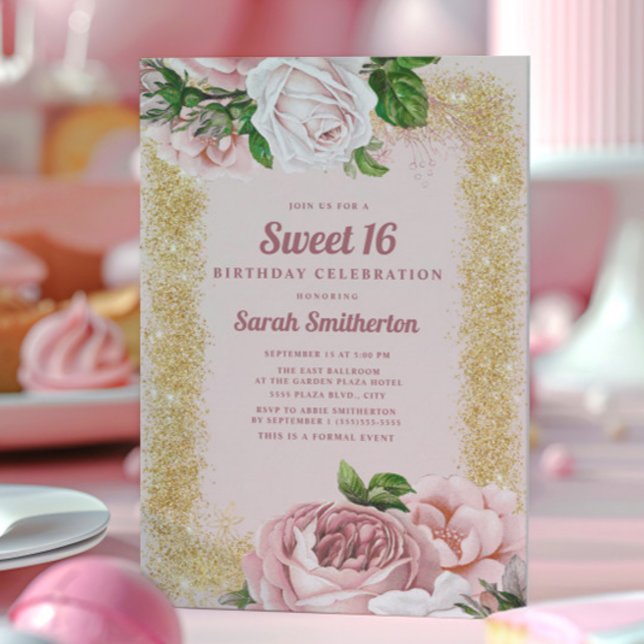 Elegant Pink Floral Roses Gold Glitter Sweet 16 Invitation (Blush pink roses and gold glitter Sweet 16 invitation)