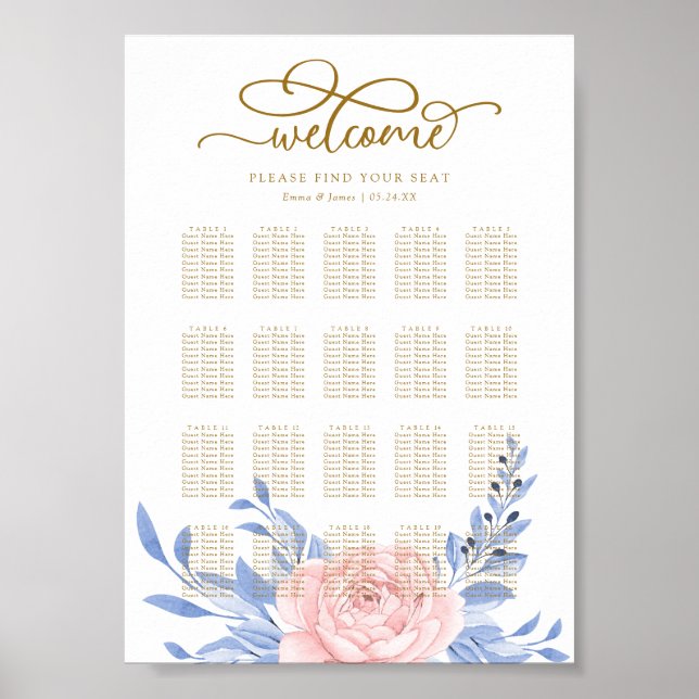 Elegant Pink Floral Rustic Wedding Seating Chart (Front)