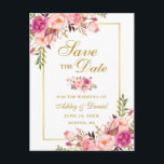 Elegant Pink Floral Save the Date Gold Announcement Postcard<br><div class="desc">Modern Elegant,  Watercolor Pink Blush Floral,  Gold Save The Date Engagement Postcard</div>