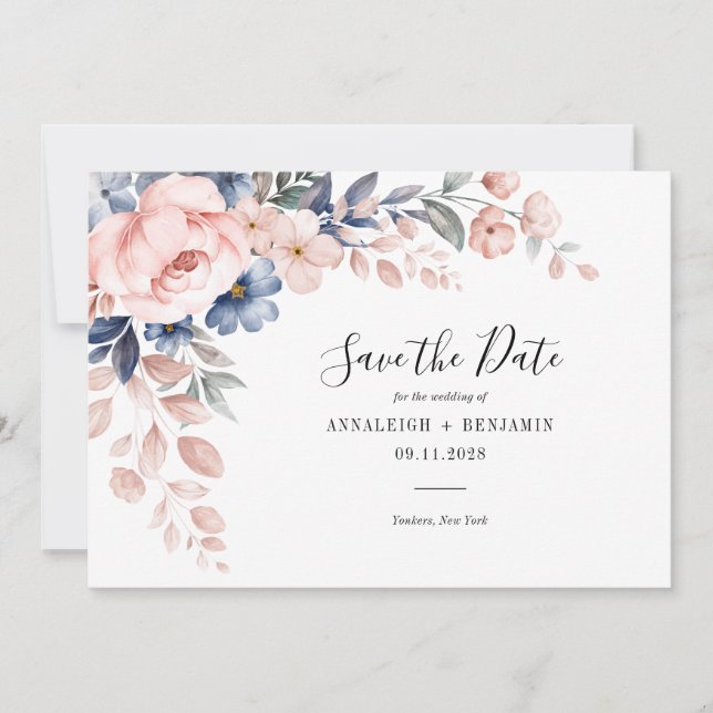 Elegant Pink Floral Script Botanical Wedding Save The Date (Front)