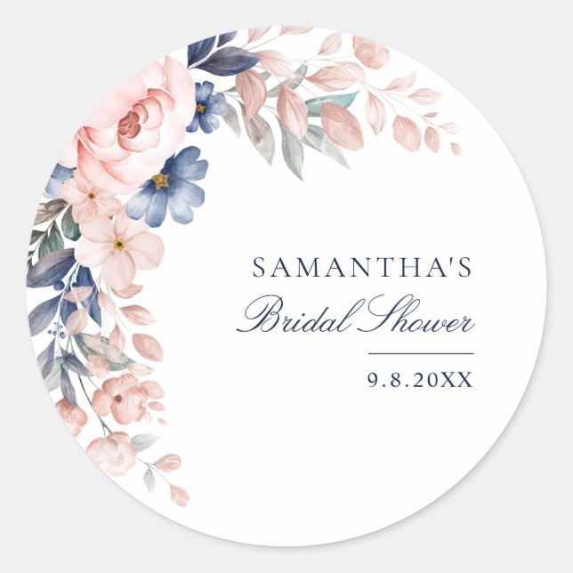 Elegant Pink Floral Script Bridal Shower Classic Round Sticker (Front)