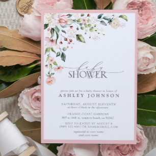 Elegant Pink Floral Script Girl Baby Shower Invitation