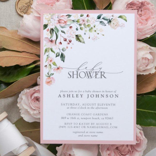 Elegant Pink Floral Script Girl Baby Shower Invitation (Baby Shower Invitation!)