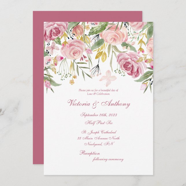 Elegant Pink Floral Script Wedding Invitation (Front/Back)