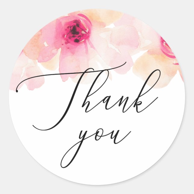 Elegant pink floral script wedding thank you classic round sticker (Front)