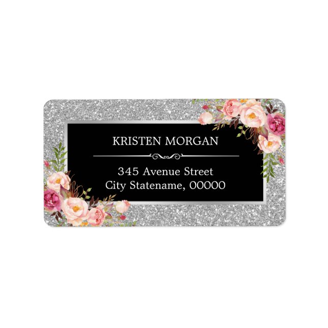 Elegant Pink Floral Silver Grey Glam Glitter Label (Front)