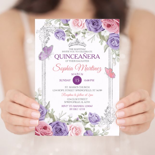 Elegant Pink Floral Silver Purple Girl Quinceañera Invitation (Creator Uploaded)