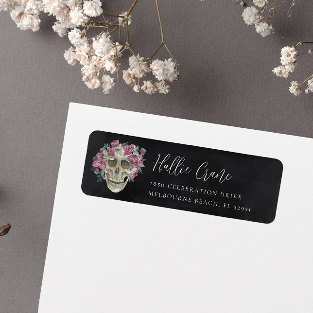 Elegant Pink Floral Skull Halloween Return Address (Creator Uploaded)