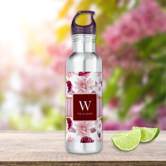 Elegant Pink Floral Stripe Monogram Personalise 710 Ml Water Bottle