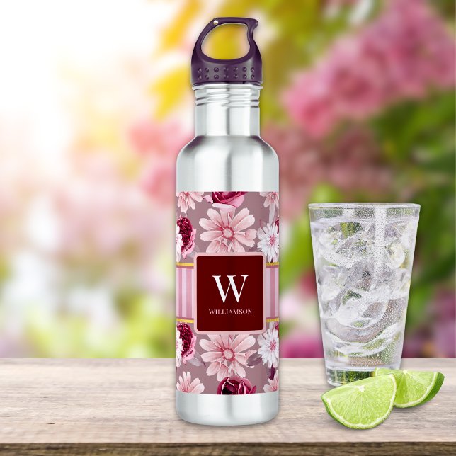 Elegant Pink Floral Stripe Monogram Personalise 710 Ml Water Bottle (Creator Uploaded)
