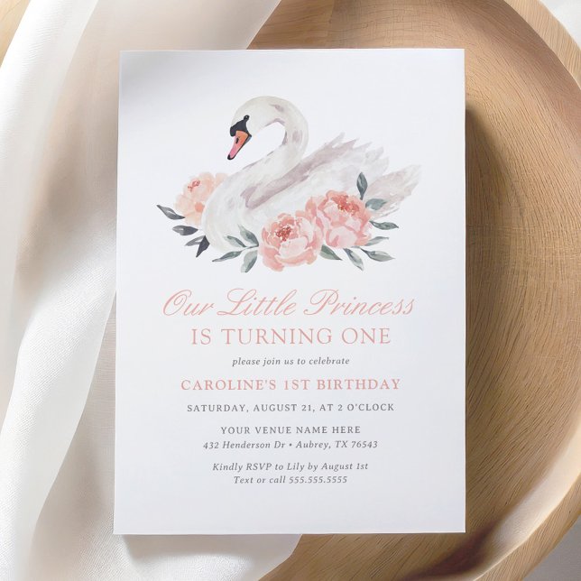Elegant Pink Floral Swan Girl Birthday Invitation (Creator Uploaded)