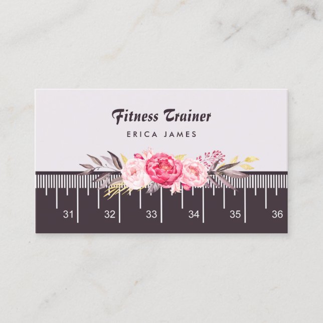 Elegant Pink Floral Tape Measure Fitness Trainer Business Card (Front)