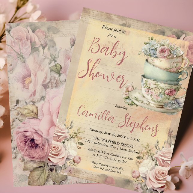 Elegant Pink Floral Tea Cups Girl Baby Shower Tea  Invitation (Elegant Pink Floral Tea Cups Girl Baby Shower Tea Invitation)