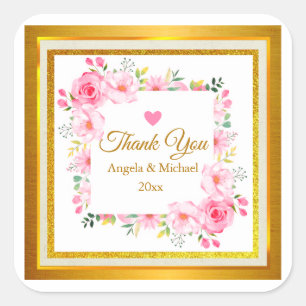 Elegant Pink Floral Thank You Wedding Favour Square Sticker