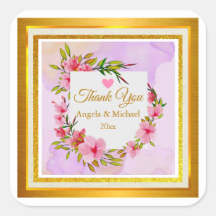 Elegant Pink Floral Thank You Wedding Favour Square Sticker