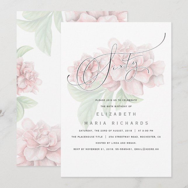 Elegant Pink Floral Typography 60 Birthday Party Invitation (Front/Back)