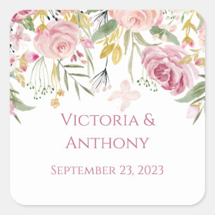 Elegant Pink Floral Typography Wedding Square Stic Sticker