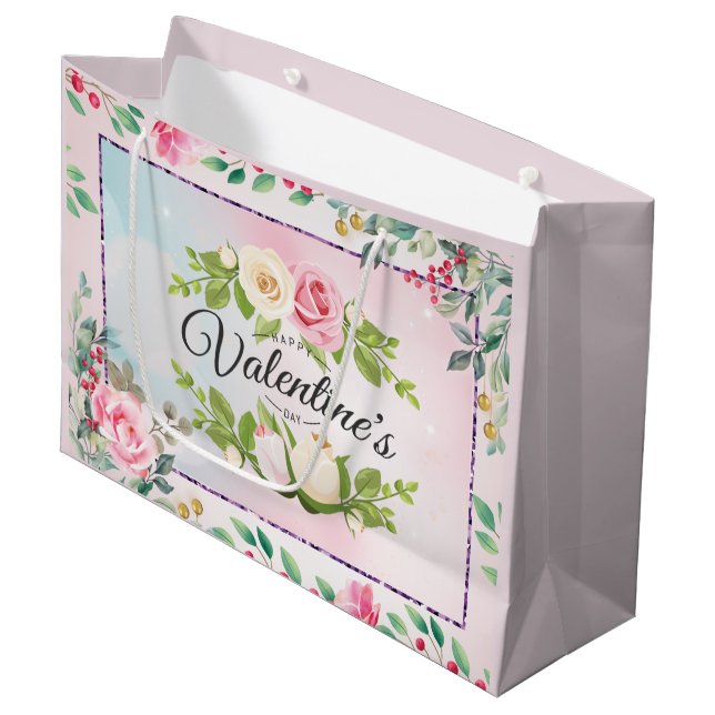 Elegant Pink Floral Valentine's Day Large Gift Bag (Front Angled)