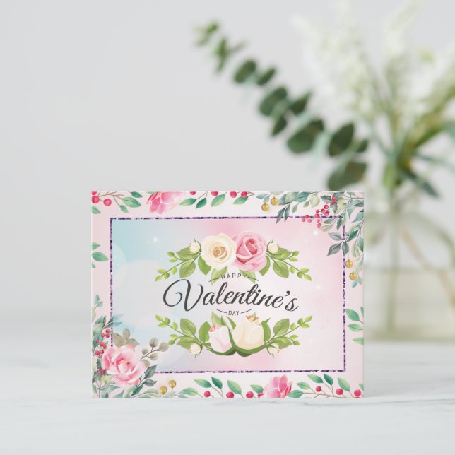 Elegant Pink Floral Valentine's Day Postcard (Standing Front)