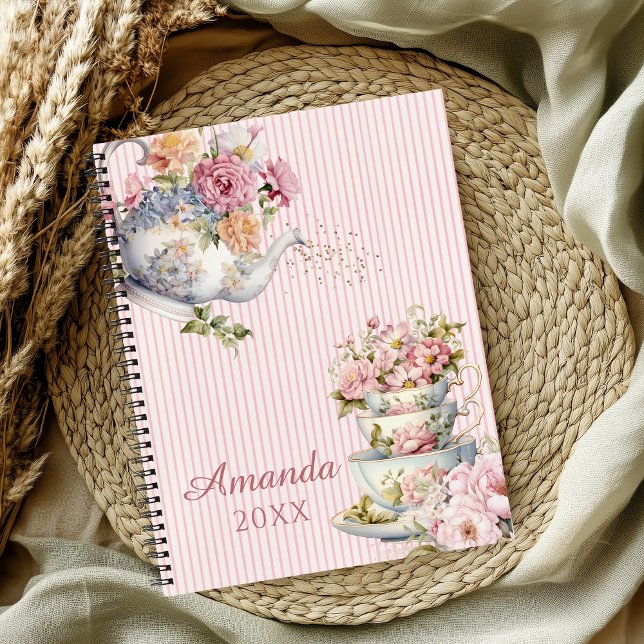 Elegant Pink Floral Vintage Teapot & Teacups  Notebook (Elegant Floral Teapot & Teacups personalized name Notebook)