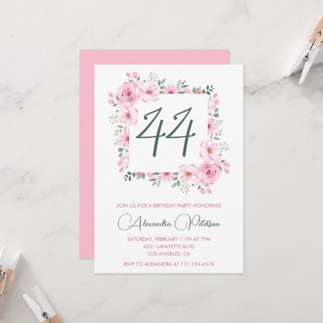 Elegant Pink Floral Watercolor 44th birthday  Invitation (Front/Back In Situ)