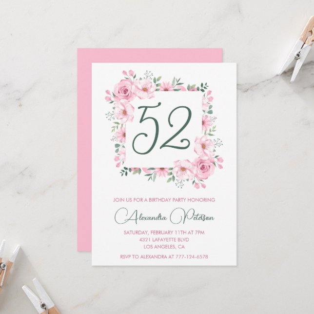 Elegant Pink Floral Watercolor 52nd birthday  Invitation (Front/Back In Situ)