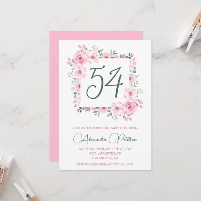 Elegant Pink Floral Watercolor 54th birthday  Invitation (Front/Back In Situ)