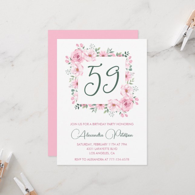 Elegant Pink Floral Watercolor 59th birthday  Invitation (Front/Back In Situ)