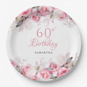 Elegant Pink Floral Watercolor 60th Birthday Paper Plate