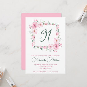 Elegant Pink Floral Watercolor 91st birthday Invitation