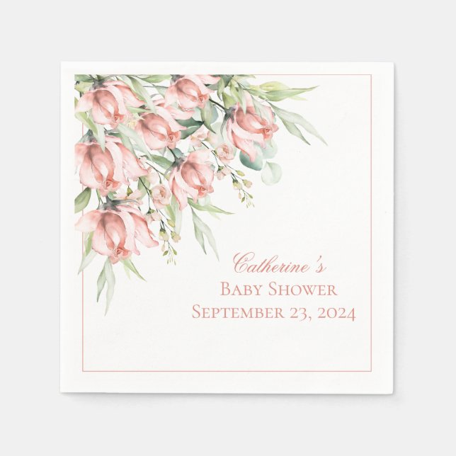 Elegant Pink Floral Watercolor Baby Shower Napkin (Front)