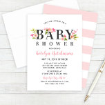 Elegant Pink Floral Watercolor Girl Baby Shower Invitation<br><div class="desc">Modern and elegant horizontal baby shower invitation features the title words "Baby Shower" in soft black accented by pretty watercolor pastel pink, blush pink, and peach spring dahlia and rose flowers with spring green foliage. The wording can be completely personalised for your special event. A pattern of white and light...</div>