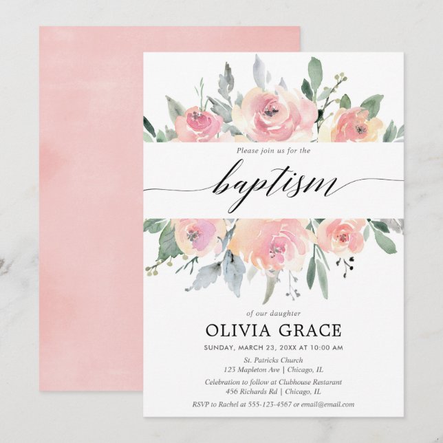 Elegant pink floral watercolor girl baptism invitation (Front/Back)