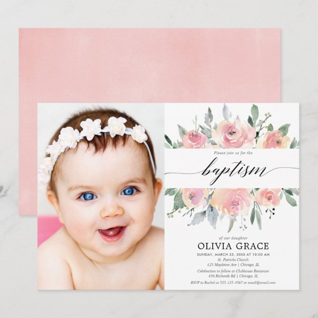 Elegant pink floral watercolor girl baptism photo invitation (Front/Back)