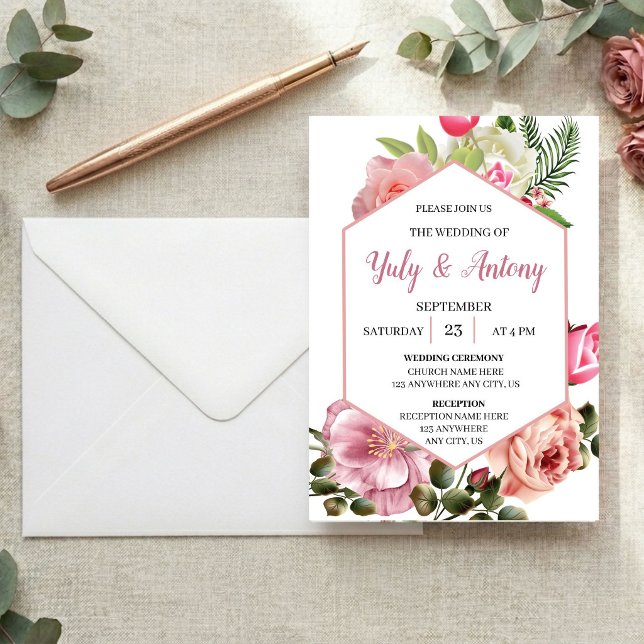 Elegant Pink Floral Watercolor Hexagon  Invitation (Elegant Pink Floral & Hexagon Wedding Invitation. Modern, romantic and fully customizable.)