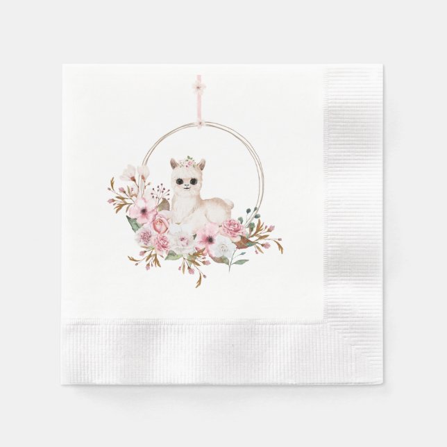 Elegant Pink Floral Watercolor Llama Baby Shower  Napkin (Front)