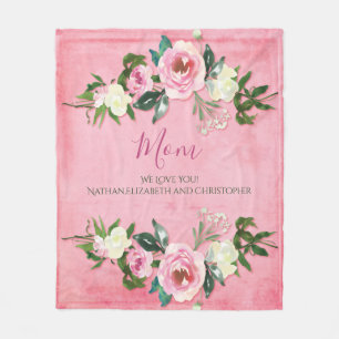 Elegant Pink Floral Watercolor Mother Mom Fleece Blanket