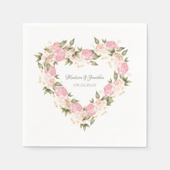 Elegant Pink Floral Watercolor Names Wedding Heart Napkin (Front)
