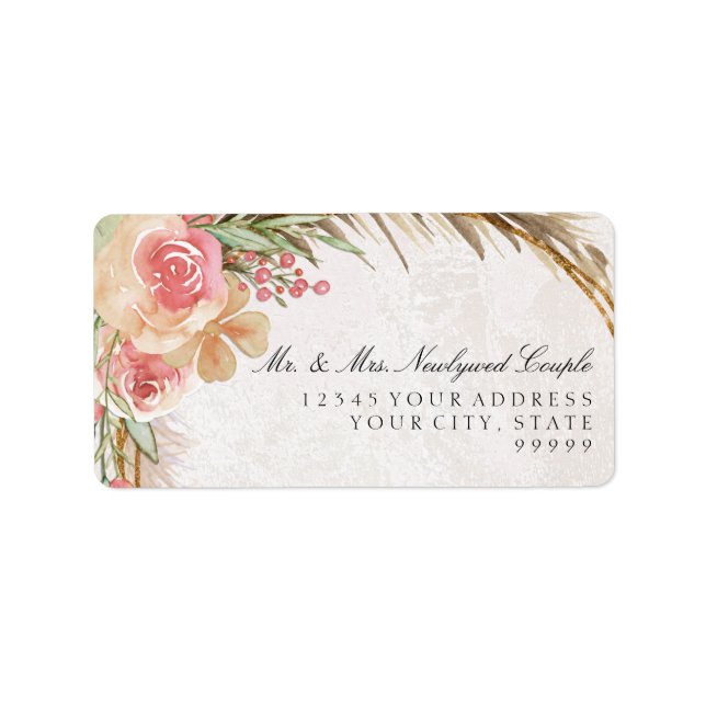 Elegant Pink Floral Watercolor Pampas Grass Boho   Label (Front)