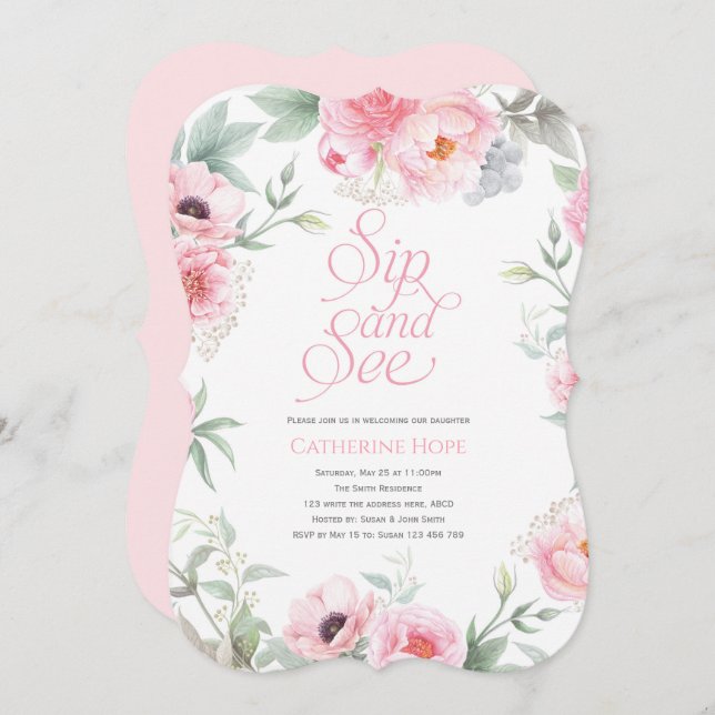 Elegant, Pink, Floral Watercolor, Sip and See Invitation (Front/Back)
