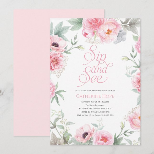 Elegant, Pink, Floral Watercolor, Sip and See Invitation (Front/Back)