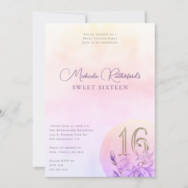 Elegant Pink Floral Watercolor Sweet Sixteen Party Invitation (Front)