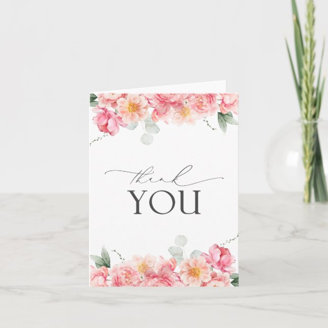 Elegant Pink Floral Watercolor Thank You Card (Front)