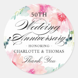 Elegant Pink Floral Watercolor Wedding Anniversary Classic Round Sticker