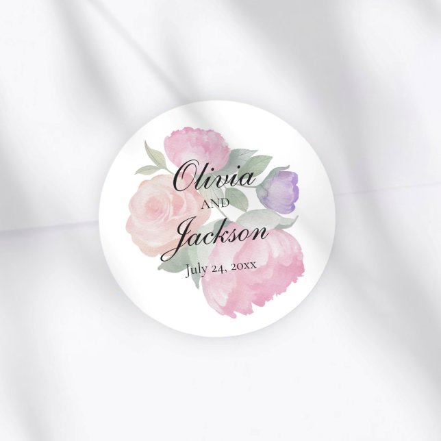 Elegant Pink Floral Watercolor Wedding Classic Round Sticker (Creator Uploaded)