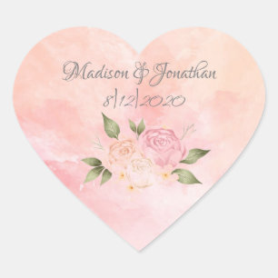 Elegant Pink Floral Watercolor Wedding Heart Sticker