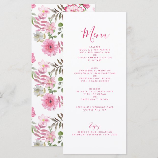 Elegant Pink Floral Watercolor Wedding Menu Card (Front/Back)