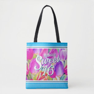 Elegant Pink Floral Watercolor with Blue Trim Tote Bag